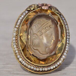 Citrine and Seed Pearl Ring in Yellow Gold